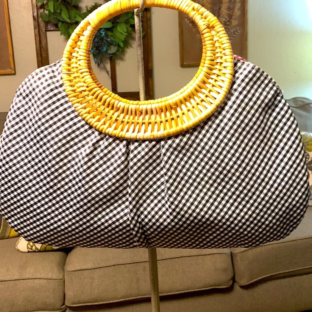 Santi Floral Pattern Gingham Check Rattan Embroidery hand bag magnetic closure
